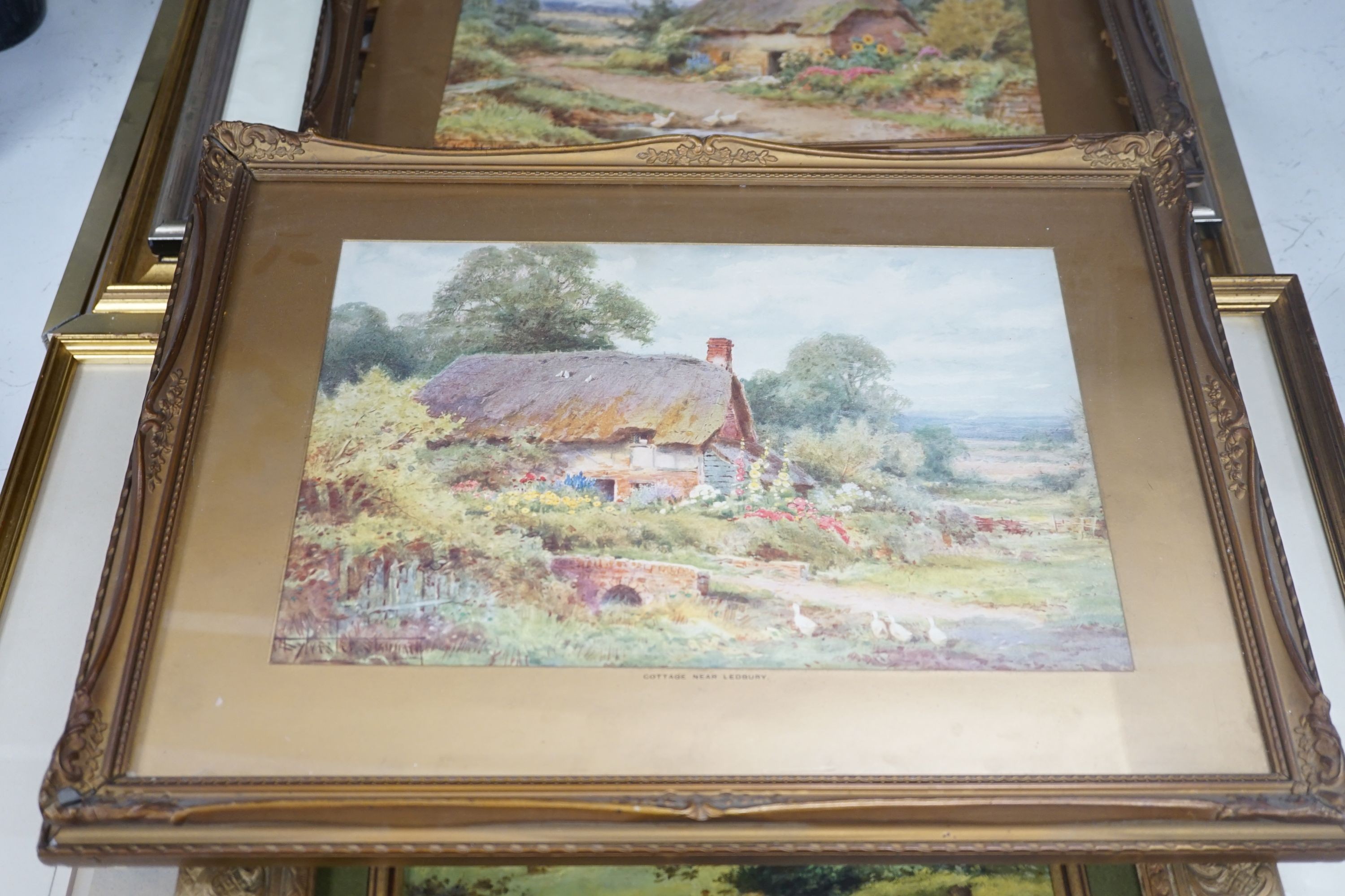 Copley Fielding, watercolour, Fisherfolk at low tide, signed, 17 x 24cm, a Hughes Richardson lake scene and six other assorted pictures